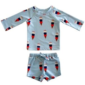 NWT SIIX Spearmint Love Ice Cream Patriotic Rash Guard Swim Trunks Set UPF 50+